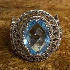 DGS Turkish Ring Size 8 Sterling Silver and Blue Topaz w/ Filigree